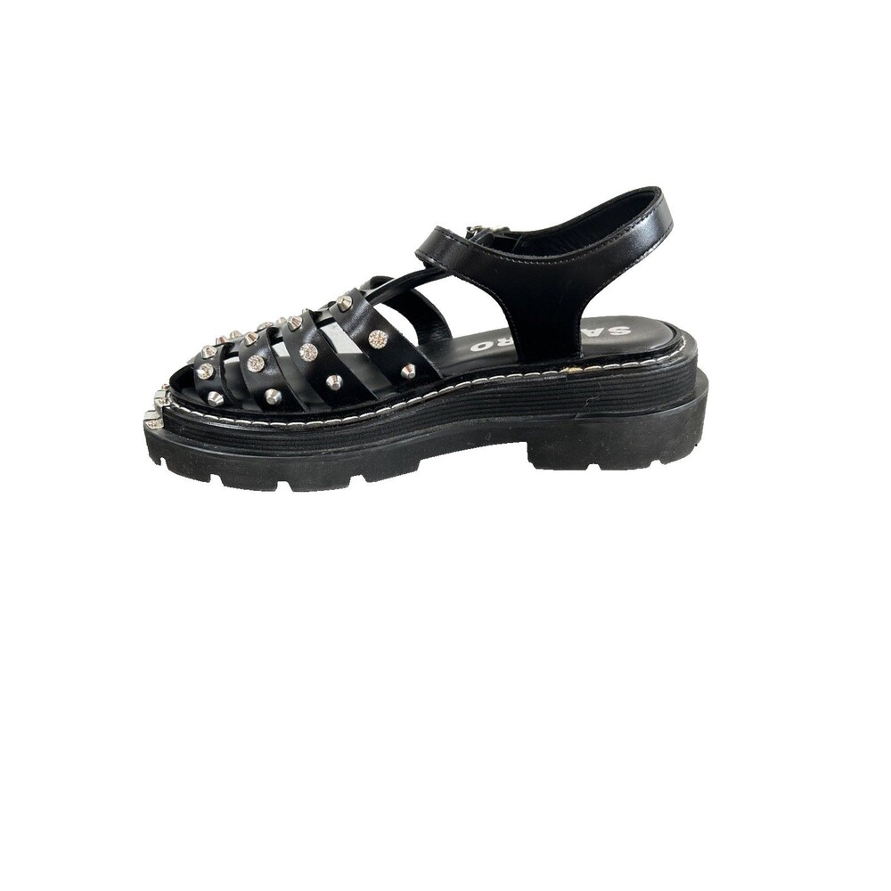 Sandro Olys Studded Leather Caged Fisherman Sandals Black Rhinestone Sz 39/US8.5 - Picture 6 of 11